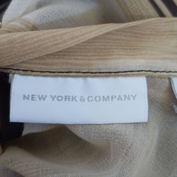 New York & Company sheer puff sleeve, tie neck blouse, brown & tan M - Picture 4 of 7